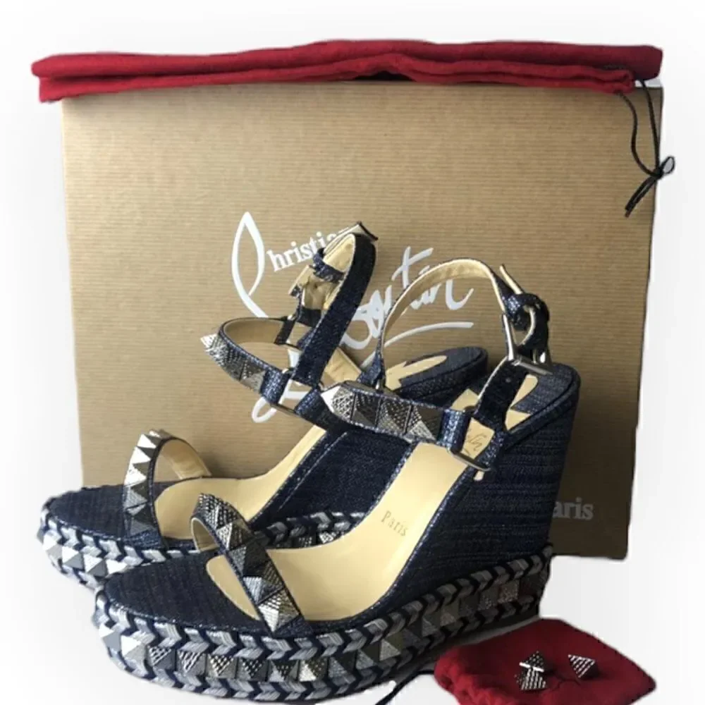 CHRISTIAN LOUBOUTIN Denim Lame Lux Pyraclou 110 Wedge Sandals |Size: 39|